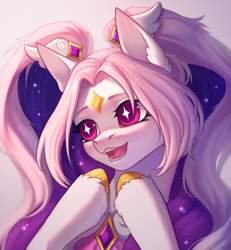 Size: 2400x2600 | Tagged: safe, artist:inarimayer, imported from derpibooru, oc, oc only, pony, bow, colored hooves, cute, elegant, ethereal mane, forehead jewel, gold hooves, hair accessory, happy, hooves, jewelry, ocbetes, pigtails, pretty, solo, sparkles, starry mane, symbolism, two toned mane, unshorn fetlocks, wingding eyes
