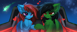 Size: 2580x1080 | Tagged: safe, artist:airiniblock, imported from derpibooru, oc, oc only, oc:kendall wilson, oc:lucid heart, pegasus, pony, bust, car, chest fluff, commission, duo, ear fluff, female, heart, heart eyes, holding hooves, hooves, love, male, mare, partially open wings, pegasus oc, rcf community, signature, sitting, sky, stars, straight, underhoof, wingding eyes, wings