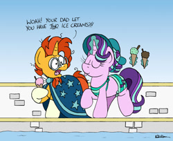 Size: 1024x834 | Tagged: safe, artist:bobthedalek, imported from derpibooru, starlight glimmer, sunburst, pony, unicorn, atg 2022, bikini, blaze (coat marking), cloak, clothes, coat markings, cutie mark on clothes, duo, facial markings, female, food, gee bill, glowing, glowing horn, hat, hoof hold, horn, ice cream, ice cream cone, implied firelight, magic, male, mare, newbie artist training grounds, socks (coat markings), stallion, sunburst's cloak, swimming pool, swimsuit, telekinesis, tongue out