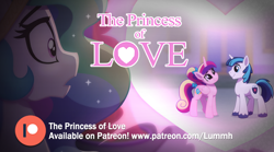 Size: 1000x556 | Tagged: safe, artist:lummh, artist:whitequartztheartist, imported from derpibooru, princess cadance, princess celestia, shining armor, alicorn, pony, unicorn, comic:the princess of love, female, looking at each other, looking at someone, male, mare, patreon, patreon logo, shiningcadance, shipping, stallion, straight, teen princess cadance, younger