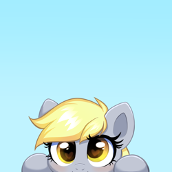 Size: 4000x4000 | Tagged: safe, artist:confetticakez, imported from derpibooru, derpy hooves, pegasus, pony, blue background, cute, derpabetes, female, heart, heart eyes, looking at you, mare, peeking, simple background, solo, wingding eyes