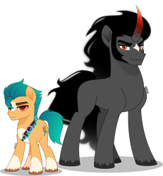 Size: 3699x4000 | Tagged: safe, artist:orin331, imported from derpibooru, hitch trailblazer, king sombra, earth pony, pony, umbrum, unicorn, blaze (coat marking), coat markings, corrupted, crystal, curved horn, dark magic, duo, duo male, earth pony crystal, eyebrows, facial markings, frown, g4, g5, g5 to g4, generation leap, harness, high res, horn, looking at you, magic, male, movie accurate, possessed, simple background, size difference, slit pupils, smiling, smiling at you, socks (coat markings), stallion, star (coat marking), tack, transparent background, unshorn fetlocks