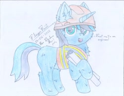 Size: 2194x1700 | Tagged: safe, artist:fliegerfausttop47, derpibooru exclusive, imported from derpibooru, oc, oc only, oc:the luna fan, unicorn, birthday gift, blueprint, chest fluff, clothes, ear fluff, hard hat, hat, horn, looking at you, safety vest, simple background, smiling, solo, traditional art, unicorn oc, white background