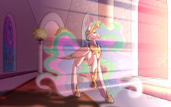 Size: 3200x2000 | Tagged: safe, artist:digitaldrawingmachine, imported from derpibooru, princess celestia, alicorn, pony, canterlot castle, crepuscular rays, crown, ethereal mane, ethereal tail, female, hoof shoes, jewelry, mare, raised hoof, regalia, solo, stained glass, tail