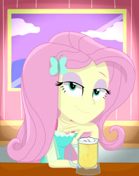 Size: 1080x1363 | Tagged: safe, artist:dashdeviant, imported from derpibooru, fluttershy, human, equestria girls, alcohol, beer, eyeshadow, female, lidded eyes, looking at you, makeup, mug, smiling, smiling at you, solo