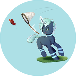 Size: 4448x4448 | Tagged: safe, artist:darkocclusion, imported from derpibooru, oc, oc only, oc:darkocclusion, butterfly, pony, unicorn, butterfly net, happy, magic, silly, solo, telekinesis