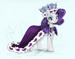 Size: 1500x1178 | Tagged: safe, artist:maytee, color edit, edit, imported from derpibooru, princess platinum, rarity, pony, unicorn, cape, clothes, colored, costume, crown, female, jewelry, mare, regalia, smiling, solo, traditional art