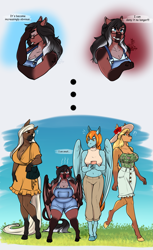 Size: 2155x3532 | Tagged: safe, artist:blackblood-queen, imported from derpibooru, oc, oc only, oc:cocoa nutt, oc:lady lovegreen, oc:olive branch, anthro, deer, deer pony, dracony, dragon, hybrid, original species, pegasus, saddle arabian, unguligrade anthro, angry, anthro oc, belly button, big breasts, blouse, breasts, busty oc, cellphone, cleavage, clothes, cloven hooves, commission, cute, dialogue, female, frustrated, glasses, height difference, huge breasts, leonine tail, madorable, mare, milf, mole, overalls, pegasus oc, phone, raffle prize, saddle arabian oc, shortstack, smol, spongebob squarepants, tail, thick