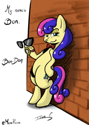 Size: 3508x4961 | Tagged: safe, artist:memprices, imported from derpibooru, bon bon, sweetie drops, earth pony, pony, against wall, bipedal, bowtie, female, high res, looking at you, mare, procreate app, simple background, smug, solo, spy, sunglasses, watch, white background