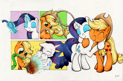 Size: 2000x1331 | Tagged: safe, artist:ecmonkey, imported from derpibooru, applejack, rarity, earth pony, pony, unicorn, look before you sleep, 2015, applejack's hat, brush, cowboy hat, duo, duo female, eyes closed, eyeshadow, female, glow, glowing horn, hairbrush, hat, horn, hug, lasso, levitation, magic, magic aura, makeup, mare, montage, mud, open mouth, rope, signature, smiling, teeth, telekinesis