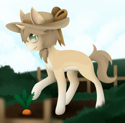 Size: 1450x1429 | Tagged: safe, artist:dreepymom, imported from derpibooru, oc, oc:aiko, pony, unicorn, carrot, female, food, hat, mare, solo