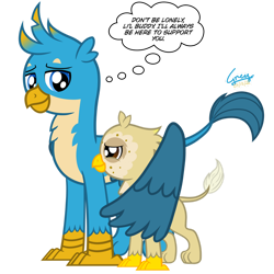 Size: 1280x1280 | Tagged: safe, artist:gregory-the-griffon, imported from derpibooru, gallus, oc, griffon, chickub, fanfic art, griffon oc, hug, requested art, speech bubble, story in the source, winghug, wings