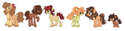 Size: 3947x981 | Tagged: safe, artist:lovedletters, imported from twibooru, oc, oc only, earth pony, pony, base used, blaze (coat marking), bow, coat markings, colored hooves, female, filly, hair bow, hair over eyes, hairband, image, male, mare, next generation, offspring, parent:applejack, parent:troubleshoes clyde, parents:troublejack, png, ponytail, raised hoof, siblings, simple background, snip (coat marking), socks (coat markings), stallion, standing, transparent background