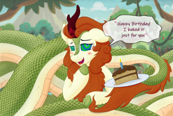 Size: 3000x2000 | Tagged: safe, artist:paladin-drakkenwolf, imported from derpibooru, autumn blaze, kirin, lamia, original species, snake, snake pony, blushing, cake, cake slice, candle, female, food, happy birthday, hypnosis, one ear down, solo