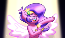 Size: 5202x3060 | Tagged: safe, artist:iceflower99, imported from derpibooru, pipp petals, chest fluff, ear fluff, eyes closed, g5, jewelry, microphone, open mouth, singing, solo, spotlight, spread wings, tiara, video at source, video in description, wings