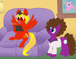Size: 2700x2100 | Tagged: safe, artist:necrofeline, imported from derpibooru, oc, oc only, oc:boogie hooves, oc:queen chris phoenix, earth pony, pegasus, pony, series:red giant, couch, duo, duo male and female, female, implied cheese sandwich, implied firefly, implied shipping, jewelry, lamp, living room, male, mobile game, ponysona, shipping fuel, spread wings, tablet, this will end in weight gain, tiara, weight gain sequence, wings