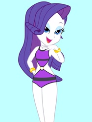 Size: 1536x2048 | Tagged: safe, artist:draymanor57, imported from derpibooru, rarity, human, equestria girls, bare shoulders, blue background, clothes, cyan background, lidded eyes, o-ring swimsuit, one-piece swimsuit, open mouth, open smile, open-back swimsuit, simple background, sleeveless, smiling, solo, swimsuit, swimsuit edit