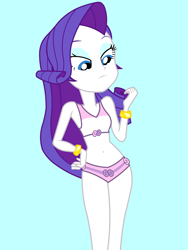 Size: 1536x2048 | Tagged: safe, artist:draymanor57, imported from derpibooru, rarity, human, equestria girls, bare shoulders, belly button, bikini, blue background, clothes, cyan background, female, looking down, simple background, sleeveless, solo, swimsuit, swimsuit edit