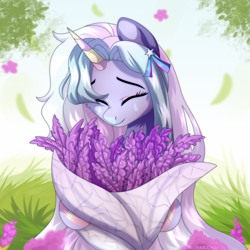 Size: 2500x2500 | Tagged: safe, artist:stormcloud, imported from derpibooru, oc, oc only, pony, unicorn, bouquet, bouquet of flowers, bust, cute, eyes closed, female, flower, horn, mare, smiling, solo