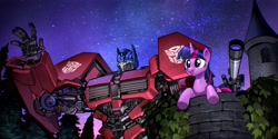 Size: 4000x2000 | Tagged: safe, artist:theamazingspino, imported from derpibooru, twilight sparkle, pony, robot, unicorn, crossover, duo, female, mare, night, optimus prime, stars, telescope, transformers