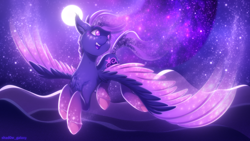 Size: 1920x1080 | Tagged: safe, artist:shad0w-galaxy, imported from derpibooru, oc, oc only, oc:shadow galaxy, pegasus, pony, 1920x1080, ethereal mane, ethereal tail, ethereal wings, female, flight trail, flying, full moon, gradient hooves, happy, hill, mare, moon, mountain, mountain range, nebula, night, night sky, open mouth, sky, smiling, solo, spread wings, starry eyes, stars, tail, watermark, wingding eyes, wings