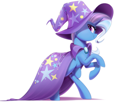 Size: 2500x2000 | Tagged: safe, artist:thebatfang, trixie, unicorn, cape, clothes, female, hat, looking at you, mare, rearing, simple background, smiling, solo, standing on two hooves, trixie's cape, trixie's hat, white background