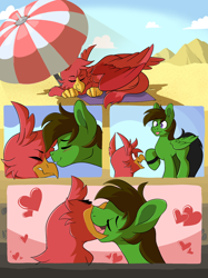 Size: 2048x2732 | Tagged: safe, artist:slimewiz, imported from derpibooru, oc, oc:con badger, oc:delta hooves, griffon, pegasus, pony, comic:aquatic affections, :p, beach, beach umbrella, beak kiss, blushing, comic, commission, french kiss, gay, heart, interspecies, kissing, love, male, nose kiss, parasol (umbrella), sleeping, tongue out, traditional art