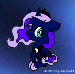 Size: 1811x1791 | Tagged: safe, artist:rainbowwing, imported from derpibooru, princess luna, alicorn, pony, :<, crown, ears back, female, filly, folded wings, hoof shoes, jewelry, looking at you, mare, necklace, regalia, signature, sitting, solo, starry background, stars, wings, woona, younger