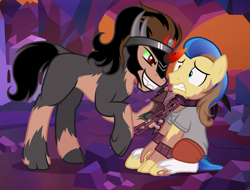 Size: 1489x1130 | Tagged: safe, artist:anonymous, imported from derpibooru, king sombra, crystal pony, human, pony, unicorn, chains, collar, crystal empire, cuffs, evil grin, grin, gritted teeth, helmet, human to pony, show accurate, slave, smiling, teeth, transformation