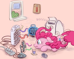 Size: 2000x1600 | Tagged: safe, artist:nedemai, imported from derpibooru, pinkie pie, earth pony, pony, atg 2022, fan, game boy, newbie artist training grounds, power bar, smiling, solo, summer, thermometer, window, windswept mane