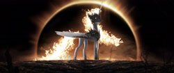 Size: 5162x2160 | Tagged: safe, artist:amarthgul, imported from derpibooru, daybreaker, alicorn, pony, absurd resolution, atg 2022, digital art, evil, female, fire, newbie artist training grounds, solo, wasteland