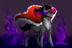 Size: 6000x4000 | Tagged: safe, artist:lucythunderforth, imported from derpibooru, king sombra, pony, unicorn, angry, antagonist, black mane, cape, clothes, colored horn, curved horn, digital art, fangs, fire, hoof shoes, horn, male, nudity, open mouth, purple background, royal cape, sheath, signature, simple background, solo, sombra eyes, sombra horn, stallion, teeth