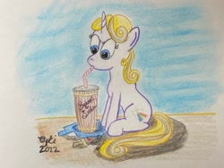 Size: 2100x1575 | Tagged: safe, artist:opti, imported from derpibooru, oc, oc only, oc:guiding light, pony, unicorn, atg 2022, drinking straw, newbie artist training grounds, sitting, soda, solo, traditional art