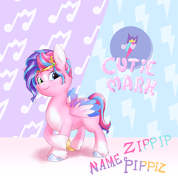 Size: 4500x4500 | Tagged: safe, artist:felldeal, imported from derpibooru, pipp petals, zipp storm, pegasus, pony, female, fusion, g5, heterochromia, looking at you, mare, patterned background, rubbing leg, solo