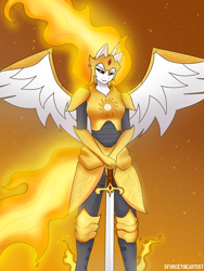 Size: 1440x1920 | Tagged: safe, artist:sforcetheartist, imported from derpibooru, daybreaker, alicorn, anthro, armor, fire, looking at you, smiling, smirk, solo, spread wings, sword, weapon, wings