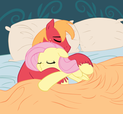 Size: 2150x2000 | Tagged: safe, anonymous artist, artist:carnifex, edit, imported from derpibooru, big macintosh, fluttershy, earth pony, pegasus, pony, bed, blanket, colored, cuddling, cuddling in bed, eyes closed, female, flat colors, floppy ears, fluttermac, high res, in bed, lying down, male, mare, on side, pillow, shipping, sleeping, smiling, stallion, straight