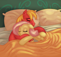 Size: 2150x2000 | Tagged: safe, alternate version, anonymous artist, artist:carnifex, edit, imported from derpibooru, big macintosh, fluttershy, earth pony, pegasus, pony, bed, blanket, colored, cuddling, cuddling in bed, eyes closed, female, floppy ears, fluttermac, high res, in bed, lying down, male, mare, morning, on side, pillow, shading, shipping, sleeping, smiling, stallion, straight