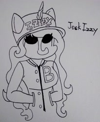 Size: 2163x2641 | Tagged: safe, artist:spoopygirl, imported from derpibooru, izzy moonbow, anthro, unicorn, clothes, female, g5, glasses, hand in pocket, hat, high res, jacket, jock, monochrome, smiling, solo, sunglasses, traditional art, varsity jacket