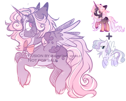 Size: 2500x2000 | Tagged: safe, artist:avroras_world, imported from derpibooru, oc, oc only, oc:elisabeth mooncrest, alicorn, pony, alicorn oc, bow, curly hair, female, fusion, horn, looking back, mare, simple background, smiling, solo, white background, wings