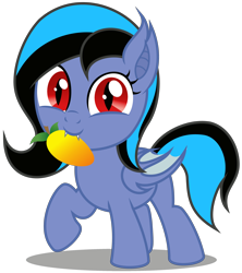 Size: 2940x3310 | Tagged: safe, artist:strategypony, imported from derpibooru, oc, oc only, oc:midnight grave, bat pony, bat pony oc, cute, cute little fangs, daaaaaaaaaaaw, ear tufts, fangs, female, filly, foal, food, fruit, herbivore, looking at you, mango, mouth hold, nom, ocbetes, red eyes, simple background, solo, tail, transparent background, two toned mane, two toned tail, walking, wings