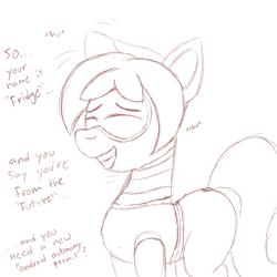 Size: 2000x2000 | Tagged: safe, artist:dafiltafish, imported from derpibooru, oc, oc:fridge, pony, robot, robot pony, atg 2022, eyes closed, grin, newbie artist training grounds, silly, sketch, smiling, solo