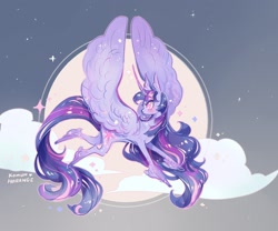 Size: 1534x1278 | Tagged: safe, artist:costly, imported from derpibooru, twilight sparkle, alicorn, pony, cloud, eye clipping through hair, eyebrows, eyebrows visible through hair, female, flying, horn, looking back, mare, moon, night, signature, sky, solo, spread wings, twilight sparkle (alicorn), wings