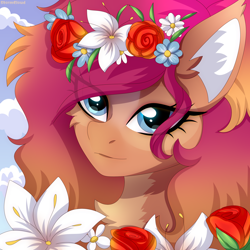 Size: 2500x2500 | Tagged: safe, artist:fluffywhirlpool, imported from derpibooru, oc, oc only, oc:nova, pegasus, pony, blue eyes, bust, chest fluff, commission, female, flower, flower in hair, gradient mane, looking at you, mare, portrait, sky background, solo, ych result