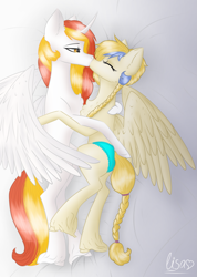Size: 1425x2000 | Tagged: artist needed, source needed, safe, imported from derpibooru, golden feather, princess celestia, oc, oc:king phoenix, alicorn, pegasus, pony, spoiler:comic, spoiler:comic65, alicorn oc, bed, canon x oc, clothes, duo, duo male and female, eyes closed, feathered wings, female, horn, imminent sex, kiss on the lips, kissing, light, lying down, male, mare, on side, pegasus oc, shipping, signature, spread wings, stallion, straight, underwear, wings