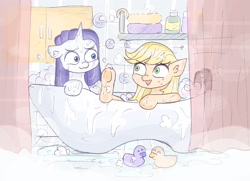 Size: 2048x1485 | Tagged: safe, artist:reyam, imported from derpibooru, applejack, rarity, earth pony, pony, unicorn, :3, bath, bathroom, bathtub, bubble, bubble bath, duo, duo female, female, freckles, hatless, horn, lesbian, looking at each other, looking at someone, mare, missing accessory, rarijack, rubber duck, shipping, underhoof, wet, wet mane