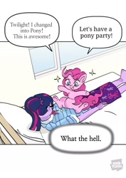 Size: 1078x1524 | Tagged: safe, artist:reyam, imported from derpibooru, pinkie pie, sci-twi, twilight sparkle, earth pony, human, pony, equestria girls, bed, clothes, dialogue, duo, duo female, female, glasses, human to pony, implied transformation, looking at someone, mare, simple background, sparkles, speech bubble, underhoof, white background