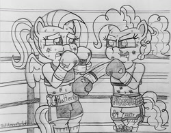 Size: 1280x997 | Tagged: safe, artist:ct1443ae, imported from derpibooru, fluttershy, pinkie pie, earth pony, pegasus, semi-anthro, boxing, boxing gloves, boxing ring, duo, lined paper, mouth guard, open mouth, pencil drawing, sports, traditional art