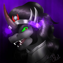 Size: 1280x1274 | Tagged: safe, artist:kopyket, imported from derpibooru, king sombra, pony, unicorn, antagonist, black mane, colored horn, crown, curved horn, digital art, fangs, horn, jewelry, male, open mouth, purple background, regalia, signature, simple background, solo, sombra eyes, sombra horn, stallion, teeth