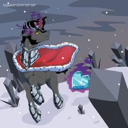 Size: 1280x1274 | Tagged: safe, artist:kopyket, imported from derpibooru, king sombra, pony, unicorn, black mane, cape, clothes, colored horn, crown, crystal, crystal heart, curved horn, digital art, hoof shoes, horn, jewelry, looking up, magic, male, raised hoof, red horn, regalia, sky, snow, solo, sombra eyes, sombra horn, stallion, walking