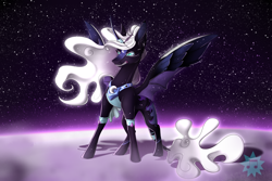 Size: 6000x4000 | Tagged: safe, artist:lucythunderforth, imported from derpibooru, nightmare moon, alicorn, pony, angry, blue eyes, curved horn, digital art, ethereal mane, feather, female, flowing mane, flowing tail, gritted teeth, horn, mare, moon, peytral, redesign, revenge, signature, solo, space, speedpaint, spread wings, starry mane, stars, tail, teeth, watermark, white mane, white tail, wings